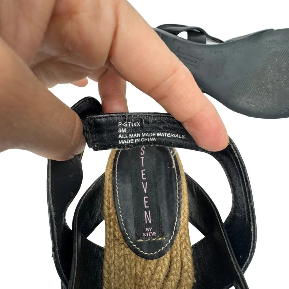 VTG Steven Steve Madden Black Faux Leather Strappy Wedge Sandal Braid Detail Sz8